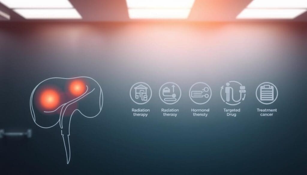 A serene, clinical scene depicting the various stages of prostate cancer treatment. In the foreground, a detailed anatomical diagram of the prostate gland, with highlighted areas indicating affected regions. In the middle ground, a series of medical icons and symbols representing different treatment modalities - surgery, radiation therapy, hormone therapy, and targeted drug interventions. The background features a softly-lit, contemporary medical setting, with muted tones and clean lines conveying a sense of professionalism and care. Subtle lighting casts a warm, reassuring glow, while a shallow depth of field focuses the viewer's attention on the key treatment elements. The overall composition strikes a balance between technical precision and a calming, informative atmosphere. A serene, clinical scene depicting the various stages of prostate cancer treatment. In the foreground, a detailed anatomical diagram of the prostate gland, with highlighted areas indicating affected regions. In the middle ground, a series of medical icons and symbols representing different treatment modalities - surgery, radiation therapy, hormone therapy, and targeted drug interventions. The background features a softly-lit, contemporary medical setting, with muted tones and clean lines conveying a sense of professionalism and care. Subtle lighting casts a warm, reassuring glow, while a shallow depth of field focuses the viewer's attention on the key treatment elements. The overall composition strikes a balance between technical precision and a calming, informative atmosphere.