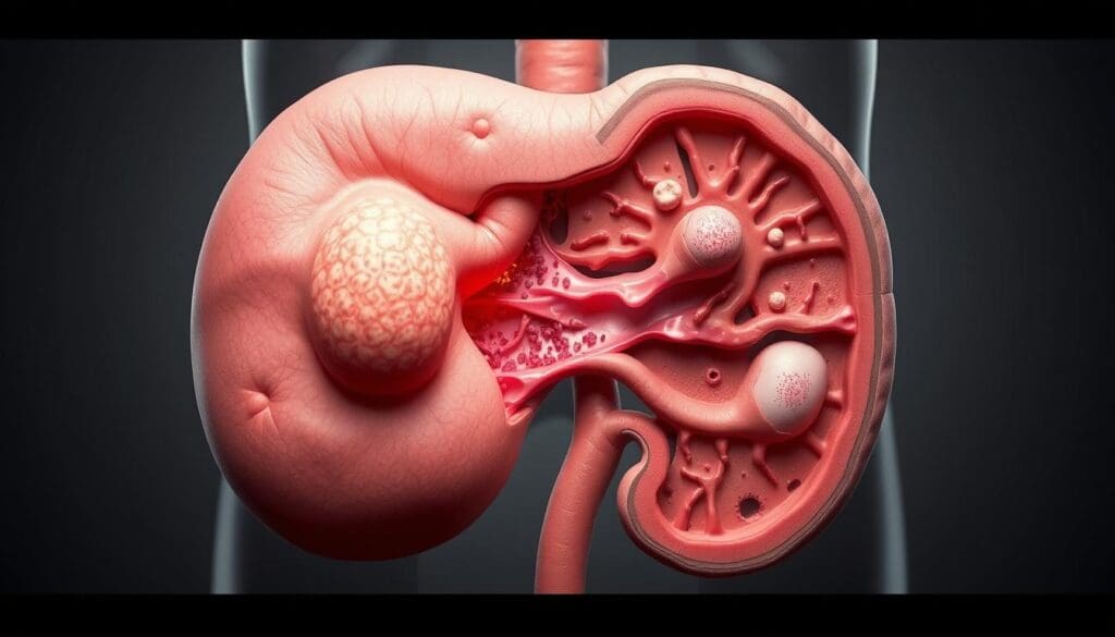 A detailed cross-section view of advanced prostate cancer, showcasing the tumor's aggressive growth, invasion into surrounding tissues, and disruption of normal anatomical structures. The foreground depicts the enlarged, irregularly-shaped prostate gland with a prominent, malignant mass. Histological details of the cancerous cells are visible, conveying their rapid proliferation and loss of normal architecture. The middle ground reveals the tumor's infiltration into the bladder, seminal vesicles, and pelvic lymph nodes, highlighting the disease's advanced stage. The background features a subtly-lit, muted color palette to emphasize the seriousness and gravity of the medical condition. Realistic lighting, subtle textures, and a sense of scientific precision create a impactful, educational visualization to support the treatment overview.