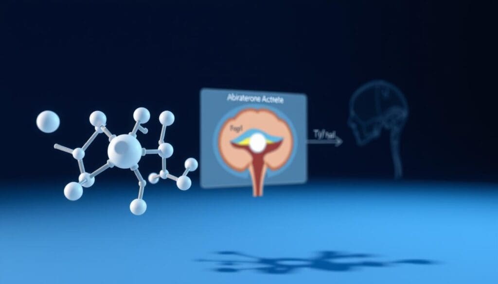 Abiraterone acetate mechanism: a detailed 3D illustration. In the foreground, a molecular model of abiraterone acetate, its chemical structure prominently displayed. In the middle ground, a cross-section of the androgen biosynthesis pathway, showing how abiraterone acetate blocks the CYP17A1 enzyme, disrupting androgen production. The background features a schematic of the prostate gland, highlighting the site of action. Rendered in a clean, scientific style with a cool, clinical color palette. Bright, directional lighting casts shadows that emphasize the depth and structure of the components. Captured from a slight bird's-eye perspective to provide an overview of the mechanism.