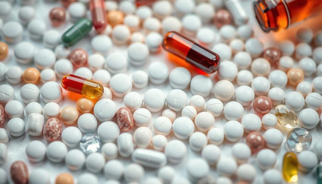 A close-up view of various pharmaceutical pills and capsules against a clean, sterile background. The pills are arranged in a grid pattern, showcasing different shapes, sizes, and colors to represent the diversity of androgen deprivation therapy (ADT) drugs used in prostate cancer treatment. The lighting is soft and diffused, creating a clinical and professional atmosphere. The image conveys a sense of medical precision and the importance of these medications in managing prostate cancer.