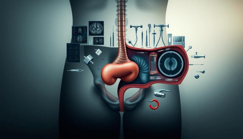 A detailed, visually striking cross-section showcasing the key stages of prostate cancer treatment. In the foreground, a detailed anatomical illustration of the male pelvic region, with the prostate gland highlighted and annotated to depict the progression of the disease. The middle ground features various medical instruments and equipment used in prostate cancer diagnosis and treatment, such as imaging scans, biopsy needles, and radiation therapy devices, all rendered with a crisp, technical aesthetic. The background sets a somber, contemplative mood, with a muted color palette and subtle, atmospheric lighting, evoking the gravity and seriousness of the subject matter. The overall composition strikes a balance between scientific precision and emotive, impactful visual storytelling.