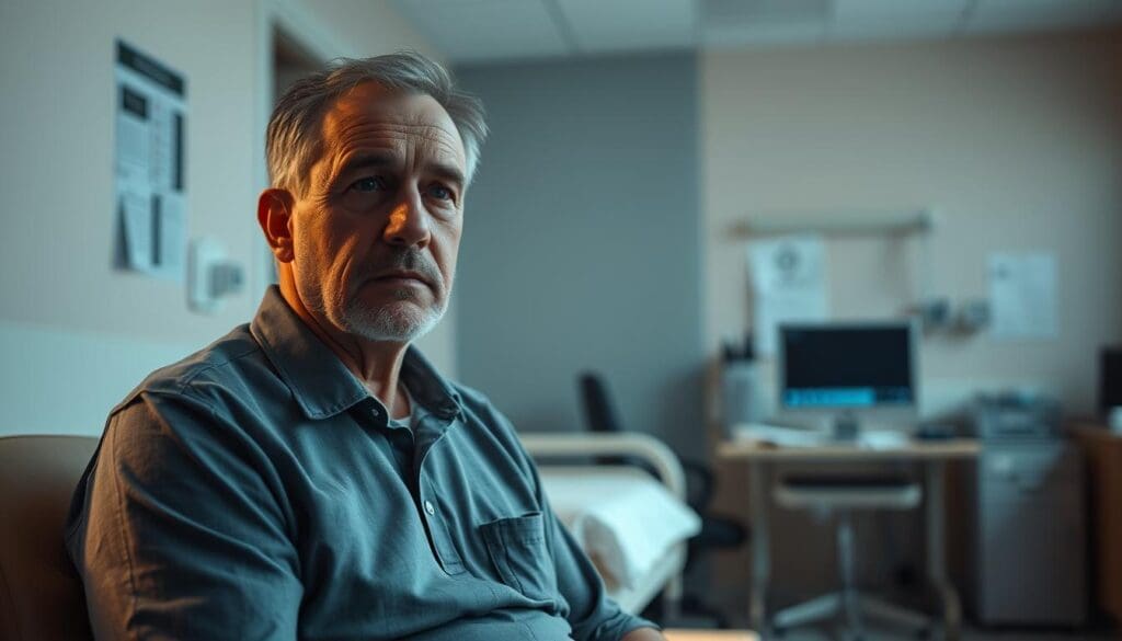 A quiet hospital room bathed in soft, warm lighting. In the foreground, a middle-aged man sits patiently, his expression thoughtful as he contemplates the path ahead. Behind him, a desk with medical files and a computer monitor, hinting at the complex decisions and timing involved in prostate cancer chemotherapy. The background is muted, with subtle details like medical equipment and charts, creating a sense of the specialized care and expertise required. The overall atmosphere is somber yet hopeful, reflecting the gravity of the situation and the patient's resolve to navigate this challenging journey.