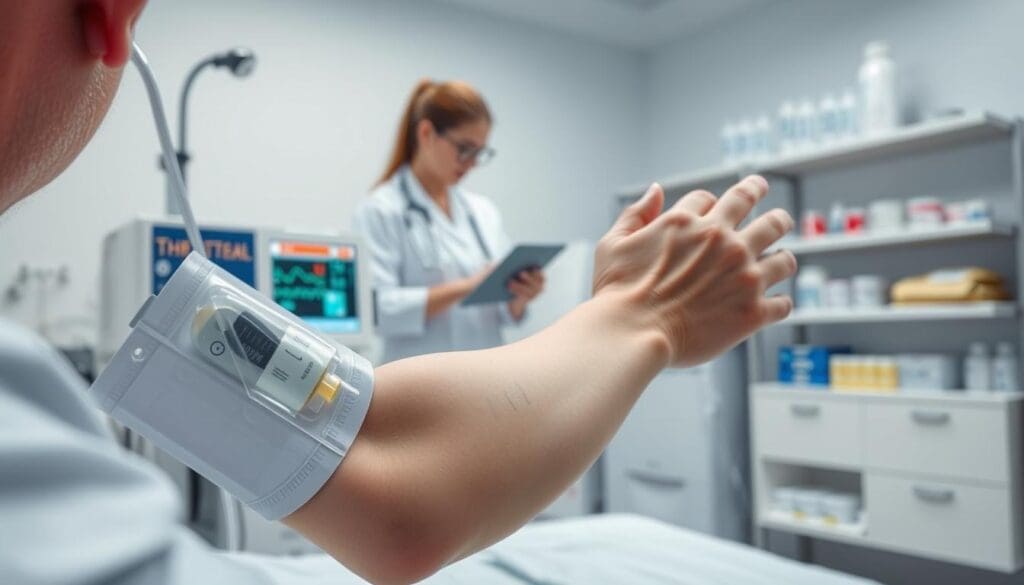 A clinical setting with a patient undergoing chemotherapy for prostate cancer. In the foreground, a close-up of a patient's arm with an intravenous drip, the skin marked with needle punctures. In the middle ground, a nurse carefully monitoring the patient's vital signs on a monitor. In the background, medical equipment and shelves of pharmaceutical supplies create a sterile, technology-driven atmosphere. Soft, diffused lighting illuminates the scene, conveying a sense of care and professionalism. The overall mood is one of controlled medical intervention, focused on treating the patient's condition.