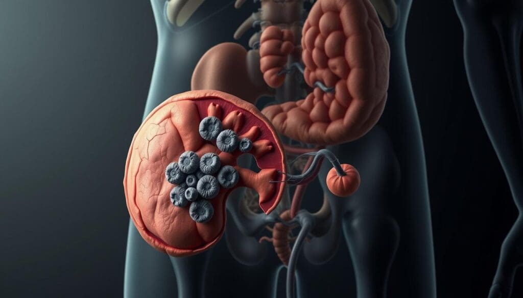 A realistic illustration of the stages of prostate cancer progression. In the foreground, a detailed cross-section of the prostate gland, showing the gradual growth and spread of cancerous tumors from early-stage localized disease to advanced metastatic involvement. The middle ground depicts the surrounding pelvic anatomy, including the bladder, urethra, and lymph nodes, illustrating the pathways of cancer spread. The background features a somber, muted palette, conveying the gravity of the medical condition. Rendered with photorealistic precision under dramatic cinematic lighting, capturing the severity and complexities of this oncological process.