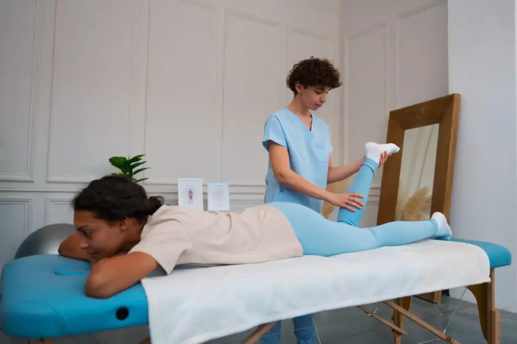 A physiotherapist guiding a patient through a series of targeted exercises in a well-equipped rehabilitation clinic. The foreground features the therapist demonstrating proper form and providing hands-on support, while the patient diligently follows the instructions. In the middle ground, modern rehabilitation equipment such as exercise balls, resistance bands, and parallel bars can be seen, reflecting an evidence-based approach. The background showcases a clean, well-lit space with large windows, creating a calming, professional atmosphere conducive to recovery. Soft, natural lighting illuminates the scene, conveying a sense of care and expertise.
