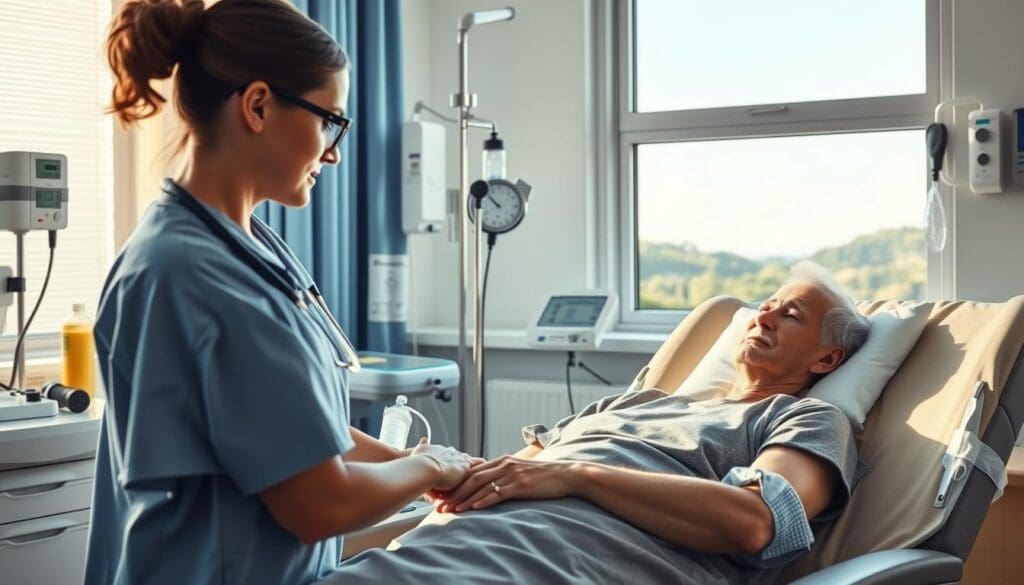 A detailed medical scene of chemotherapy treatment for prostate cancer. In the foreground, a patient reclining in a comfortable chair, their face serene yet determined, as a nurse administers the intravenous infusion. The middle ground features various medical equipment and supplies, conveying the clinical atmosphere. In the background, a window overlooking a peaceful, natural landscape, symbolizing the patient's hope for recovery. Soft, natural lighting illuminates the scene, creating a sense of warmth and care. The overall mood is one of quiet resilience, as the patient embarks on their journey towards healing.
