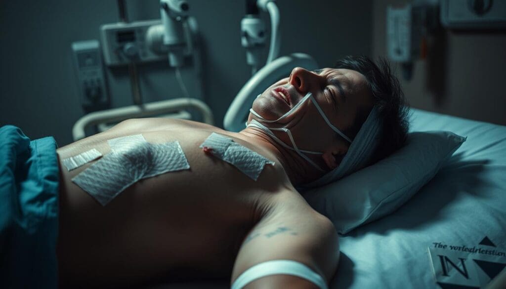 A person lying on their side, face contorted in pain, their back bandaged and bruised from recent surgery. The scene is set in a dimly lit hospital room, with muted colors and shadows casting an atmosphere of discomfort and recovery. The lighting is soft, creating a sense of vulnerability and the medical equipment in the background serves as a subtle reminder of the challenges faced during the postoperative period. The camera angle is slightly elevated, emphasizing the subject's predicament and the viewer's empathetic perspective.