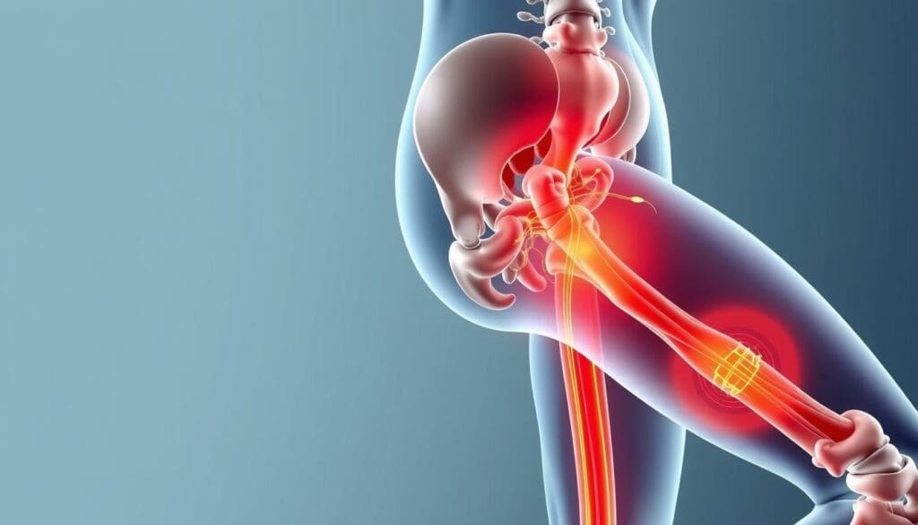 A detailed anatomical illustration showcasing the classic symptoms of sciatica, a condition characterized by radiating pain, numbness, and tingling sensations along the sciatic nerve pathway down the left leg. The image should depict the lower back, hip, and leg region, highlighting the affected nerves and muscles in a highly realistic, medical-grade style. Employ a neutral, clinical color palette with a sharp focus and crisp lighting to convey the seriousness and importance of this condition. The overall mood should be informative and educational, suitable for use in a health-related article. A detailed anatomical illustration showcasing the classic symptoms of sciatica, a condition characterized by radiating pain, numbness, and tingling sensations along the sciatic nerve pathway down the left leg. The image should depict the lower back, hip, and leg region, highlighting the affected nerves and muscles in a highly realistic, medical-grade style. Employ a neutral, clinical color palette with a sharp focus and crisp lighting to convey the seriousness and importance of this condition. The overall mood should be informative and educational, suitable for use in a health-related article.