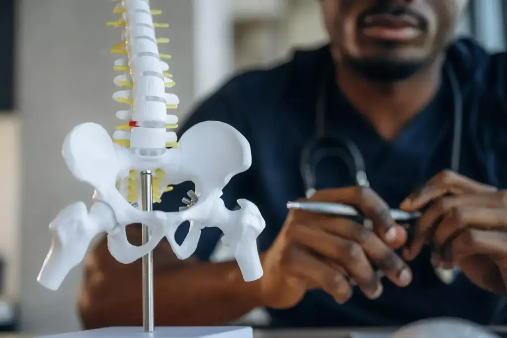 a detailed medical illustration of a cervical fusion surgery, depicting a surgical procedure on the neck vertebrae. the foreground shows the exposed spinal column with surgical instruments, bone grafts, and titanium implants used to fuse the vertebrae. the middle ground features the patient's head and upper torso, with the skin and underlying tissue surgically opened to reveal the surgical site. the background is a dimly lit operating room with medical equipment and personnel. the lighting is bright and directional, casting dramatic shadows and highlighting the technical details of the procedure. the overall mood is one of clinical precision and medical expertise.