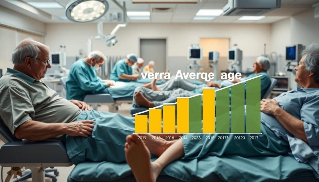 A realistic, detailed image of elderly people undergoing hip replacement surgery, with a focus on the average age. The foreground features a group of senior patients lying on operating tables, with surgeons and medical staff working on their hips. The middle ground shows a graph displaying the average age range for hip replacement procedures, with clear data visualization. The background depicts a modern, well-equipped hospital setting with clean, bright lighting and advanced medical equipment. The overall mood is informative, with a tone of medical expertise and care for the patients' well-being.