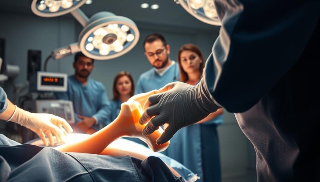 A detailed surgical scene of a hip replacement procedure. In the foreground, a surgeon's hands meticulously manipulate the patient's hip joint, the bright surgical lights illuminating the incision. In the middle ground, a team of medical professionals carefully monitor the operation, their expressions focused and intent. The background reveals the sterile, high-tech operating theater, with gleaming medical equipment and crisp, clean surfaces. The overall mood is one of precision, professionalism, and the dedication to restoring the patient's mobility and quality of life. Realistic, high-resolution, detailed, cinematic lighting.
