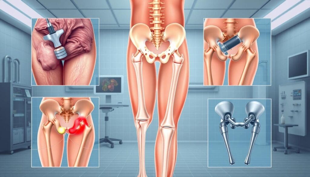 A high-quality, detailed illustration of five different types of hip replacement surgery, showcased in a 3x2 grid layout. The foreground features close-up, technical renderings of the surgical procedures, including the implantation of various prosthetic hip joints. The middle ground depicts the anatomy of the hip and leg, with transparent overlays highlighting the affected areas. The background sets a clinical, sterile environment with medical equipment, lighting, and a subtle grid pattern to accentuate the technical nature of the subject matter. The overall mood is authoritative, informative, and visually engaging, suitable for an educational medical article.
