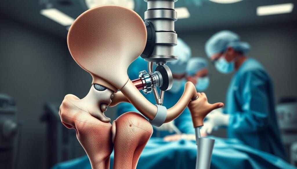 Detailed medical illustration of a hip replacement surgery procedure. Foreground shows a patient's hip joint with precise anatomical details, including the femur, acetabulum, and surrounding musculature. Surgeons in sterile attire perform the procedure, utilizing specialized surgical tools and implants. Bright, clinical lighting illuminates the scene, creating a sense of focus and precision. Muted color palette with shades of gray, blue, and silver conveys the sterile, high-tech environment. The background is blurred, emphasizing the central surgical action. The overall mood is informative, educational, and visually engaging, suitable for an article on different types of hip replacement surgeries.