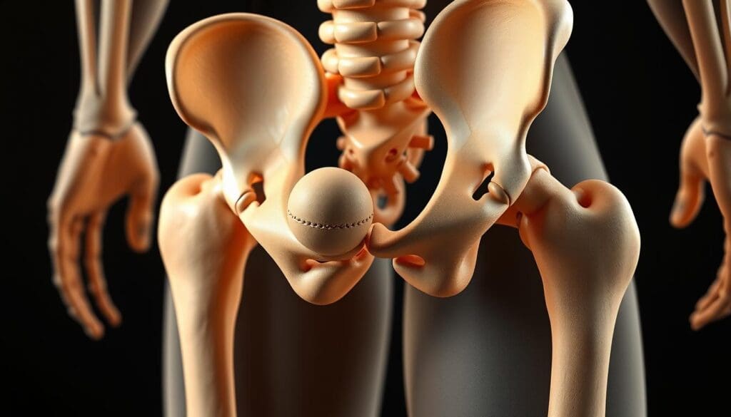 An in-depth, anatomically accurate depiction of the human hip joint, showcasing its intricate structure and components. Rendered in a realistic, high-resolution style, the image should capture the joint's complex geometry, including the femur, acetabulum, ligaments, and surrounding musculature. Emphasis should be placed on the ball-and-socket configuration, highlighting the range of motion and the key anatomical features that enable the hip's functionality. The lighting should be natural and diffused, casting subtle shadows to accentuate the contours and depth. The perspective should be from a slightly elevated angle, providing a comprehensive view of the joint's anatomy while maintaining a clear and legible composition suitable for educational purposes. An in-depth, anatomically accurate depiction of the human hip joint, showcasing its intricate structure and components. Rendered in a realistic, high-resolution style, the image should capture the joint's complex geometry, including the femur, acetabulum, ligaments, and surrounding musculature. Emphasis should be placed on the ball-and-socket configuration, highlighting the range of motion and the key anatomical features that enable the hip's functionality. The lighting should be natural and diffused, casting subtle shadows to accentuate the contours and depth. The perspective should be from a slightly elevated angle, providing a comprehensive view of the joint's anatomy while maintaining a clear and legible composition suitable for educational purposes.