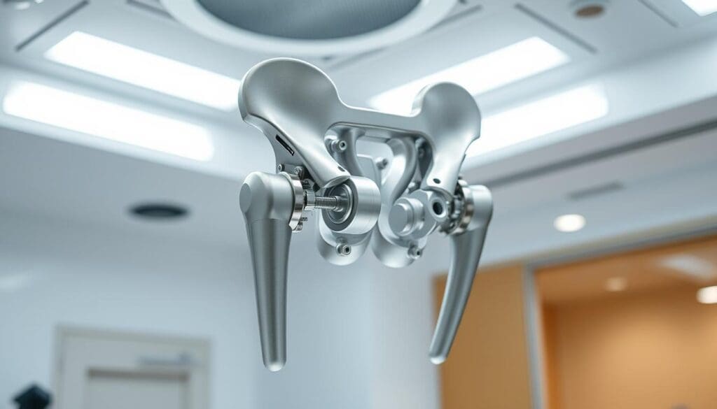 A sleek, high-tech hip joint hovers in a sterile, well-lit medical environment. The advanced prosthesis is constructed from titanium and ceramic, its smooth contours and intricate mechanisms showcasing the latest innovations in orthopedic engineering. Precision-machined components, including a ball-and-socket joint and reinforced shafts, are visible, hinting at the device's durability and range of motion. The scene is illuminated by bright, diffused lighting, casting subtle shadows that accentuate the prosthesis's technical details. The overall atmosphere conveys a sense of clinical professionalism and medical progress, reflecting the evolution of hip replacement surgery.