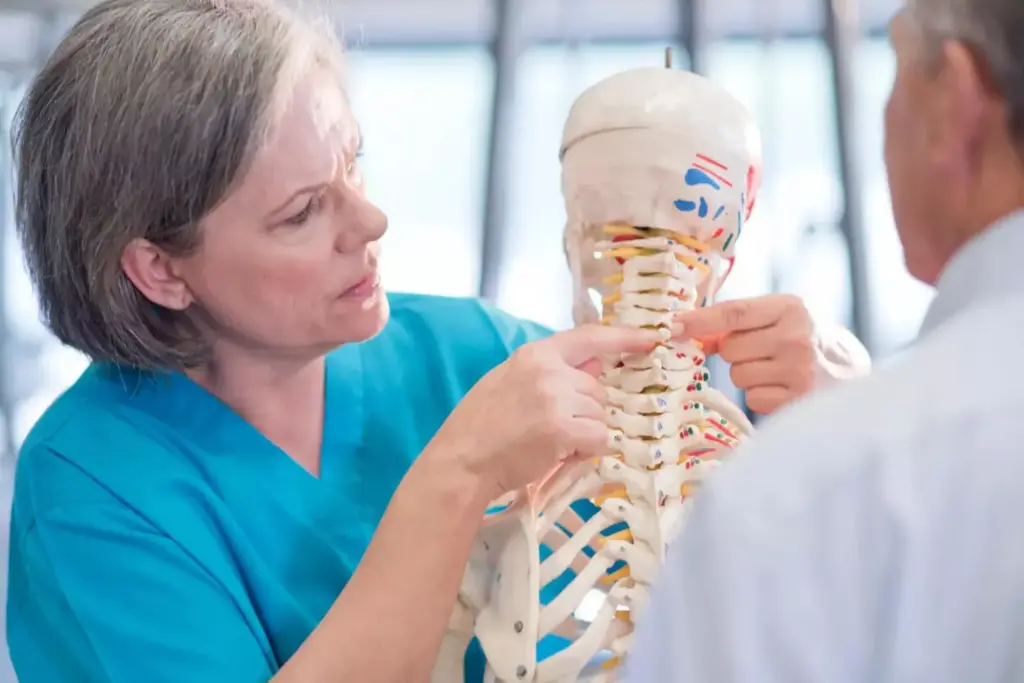A detailed cross-section of degenerative disc disease in the cervical spine, with a focus on the vertebrae, intervertebral discs, and surrounding tissues. The image should depict the narrowing of the disc space, osteophyte formation, and potential compression of the spinal cord or nerve roots. Render the scene with a high level of anatomical accuracy, using a muted color palette and soft, diffused lighting to convey a sense of clinical detachment. Capture the complexity and severity of the condition, highlighting why surgical intervention may become necessary to alleviate pain and restore function.