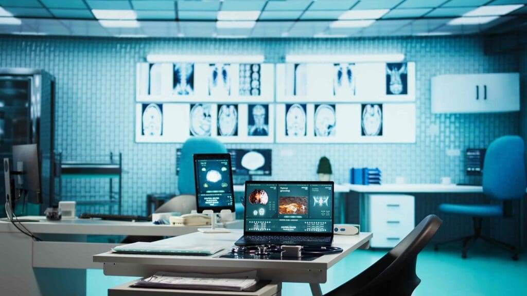 A panoramic view of a modern medical research lab, with an array of cutting-edge diagnostic equipment and treatment tools