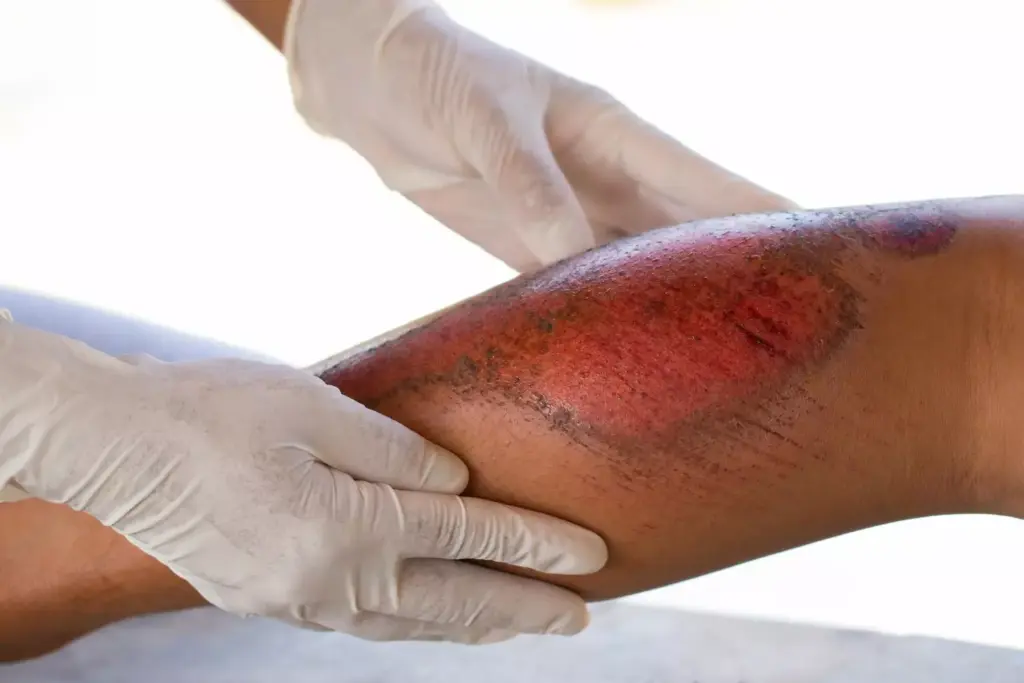 A close-up view of a healed ACL surgery scar on a person's knee. The scar is several inches long, slightly raised, and pinkish-red in color, indicating proper healing. The skin around the scar appears smooth and supple, with a slight wrinkle pattern. The lighting is soft and diffused, creating subtle shadows that accentuate the texture and contours of the scar. The image is captured at a slight angle, providing a three-dimensional perspective and a sense of depth. The background is blurred, allowing the viewer to focus solely on the intricate details of the scar.