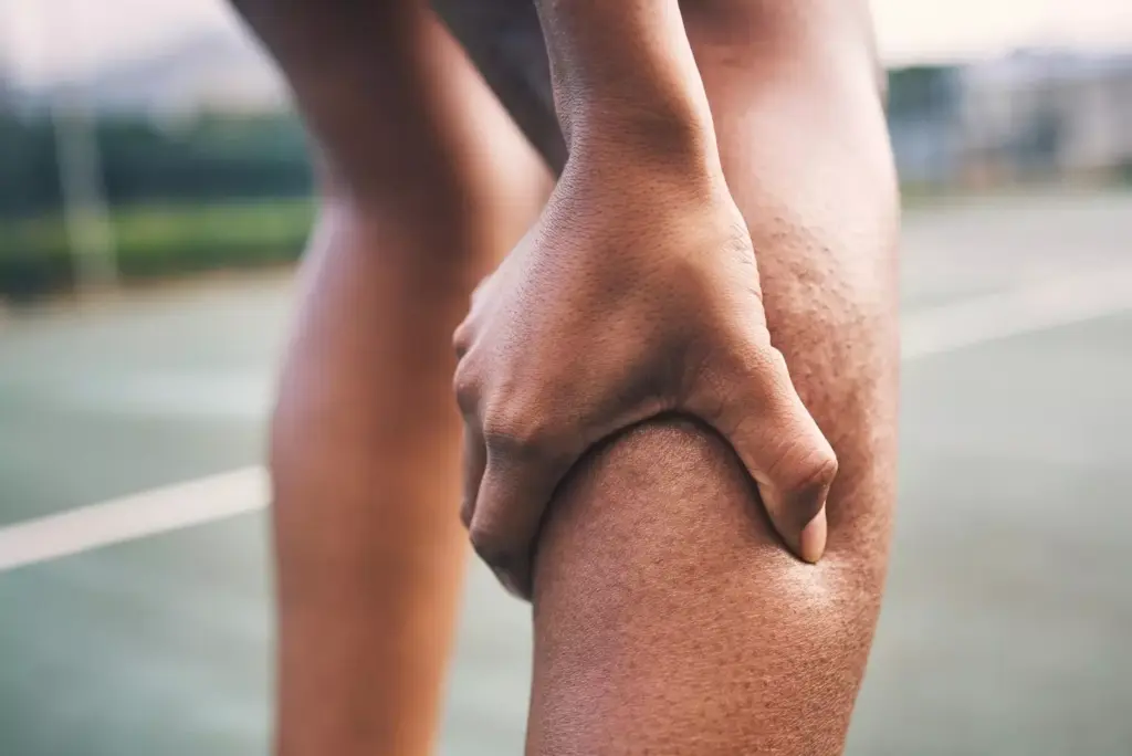 Detailed close-up of a swollen, infected knee joint after a revision knee replacement surgery. The skin around the incision is reddened and inflamed, with visible signs of infection. Surgical staples or stitches hold the incision together. The joint appears stiff and painful, with limited range of motion. The background is blurred, with a sterile, clinical atmosphere conveying the serious medical nature of the condition. Lighting is soft and diffuse, emphasizing the severity of the complication. The angle is slightly elevated, giving a sense of medical examination and diagnosis.