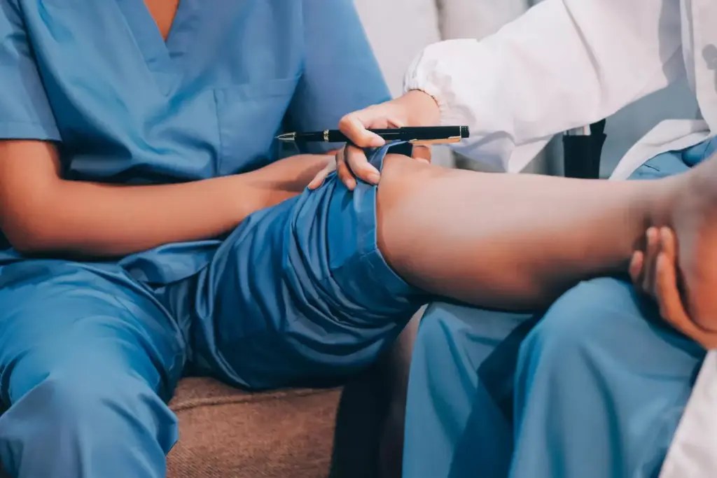 A detailed medical illustration of a revision knee surgery procedure. The foreground depicts the exposed surgical site, showcasing the intricate incisions and the replacement of the damaged knee joint components. The middle ground highlights the precise surgical instruments and the team of skilled orthopedic surgeons performing the delicate operation. The background should convey a sterile, high-tech operating room environment, with crisp lighting, clean surfaces, and advanced medical equipment. The overall scene should convey the complexity and seriousness of the revision knee surgery, while emphasizing the precision, expertise, and care required to ensure a successful outcome.