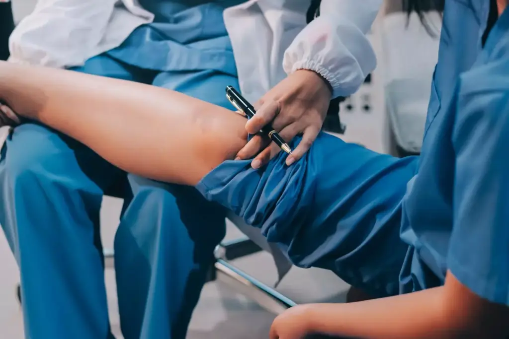 A close-up view of a human knee joint, partially disassembled, with the surgical components of a second knee replacement procedure visible. The foreground showcases the prosthetic implant, with its metallic surfaces and intricate design details. The middle ground highlights the joint interface, where the prosthetic interfaces with the patient's natural bone structure. The background features a clean, clinical setting, with bright lighting and a sense of sterility, conveying the precision and care required for a successful second knee replacement operation.
