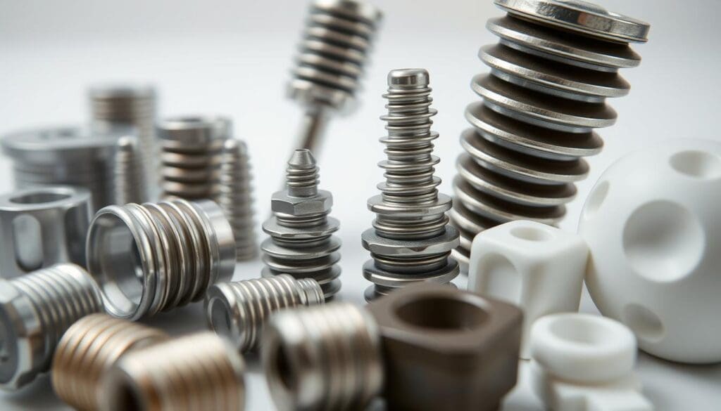 A close-up, detailed view of various hip implant materials arranged in a visually appealing layout. The foreground features a diverse selection of metallic and ceramic components, including titanium alloy, cobalt-chromium, and zirconium oxide, showcasing their intricate textures and finishes. The middle ground highlights the evolution of these materials, with older and newer implant designs positioned side by side. The background is a clean, neutral environment, allowing the materials to take center stage. The lighting is soft and natural, emphasizing the subtle sheen and reflective properties of the implant components. The overall mood is one of scientific curiosity and medical innovation, inviting the viewer to examine the advancements in hip implant technology. A close-up, detailed view of various hip implant materials arranged in a visually appealing layout. The foreground features a diverse selection of metallic and ceramic components, including titanium alloy, cobalt-chromium, and zirconium oxide, showcasing their intricate textures and finishes. The middle ground highlights the evolution of these materials, with older and newer implant designs positioned side by side. The background is a clean, neutral environment, allowing the materials to take center stage. The lighting is soft and natural, emphasizing the subtle sheen and reflective properties of the implant components. The overall mood is one of scientific curiosity and medical innovation, inviting the viewer to examine the advancements in hip implant technology.