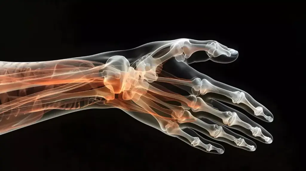 A detailed anatomical illustration of carpal tunnel syndrome, showing the compressed median nerve trapped within the carpal tunnel of the wrist. The foreground depicts the intricate network of tendons, ligaments, and bones that form the carpal tunnel, with the swollen median nerve clearly visible. The middle ground features a cutaway view, revealing the cross-section of the wrist and the impingement on the nerve. The background is a neutral, clinical setting with soft, diffused lighting, emphasizing the technical nature of the subject. The overall mood is one of precision and medical accuracy, suitable for an educational article on the condition and its treatment.