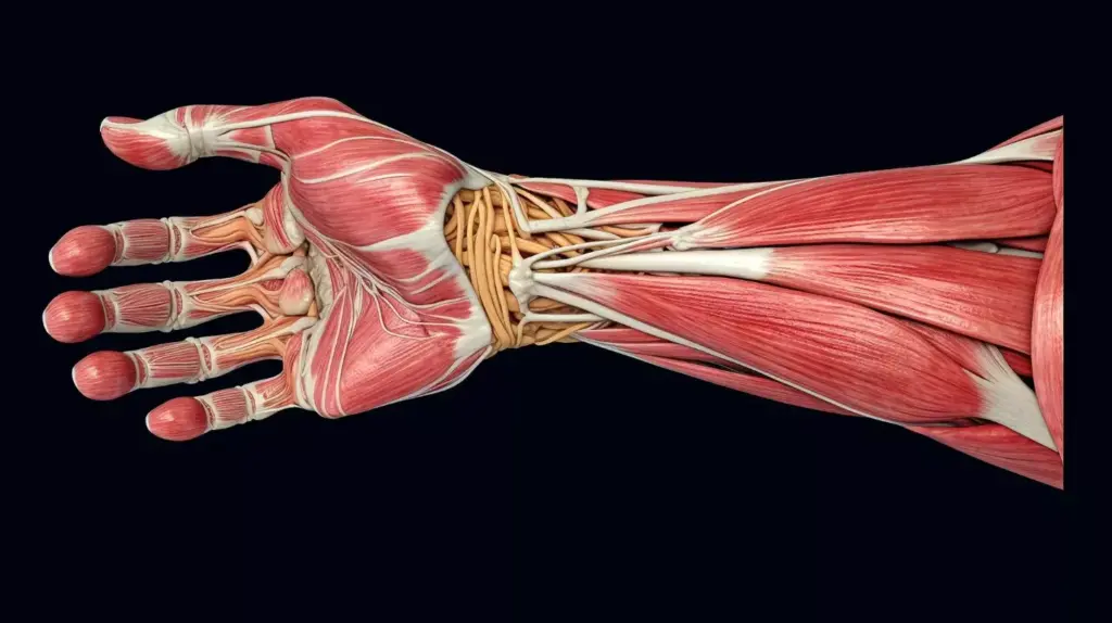 A detailed cross-sectional illustration of the carpal tunnel anatomy, showcasing the compressed median nerve and the surrounding structures. Rendered in a realistic medical illustration style, with soft lighting from an upper-left angle, highlighting the intricate anatomical details. The image should convey a sense of informative clarity, suitable for educational purposes within a medical article on carpal tunnel syndrome.