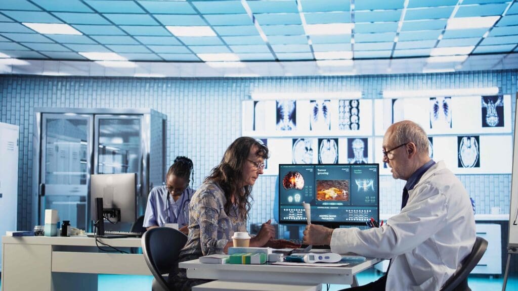 A sleek, futuristic laboratory setting with advanced medical equipment and technologies