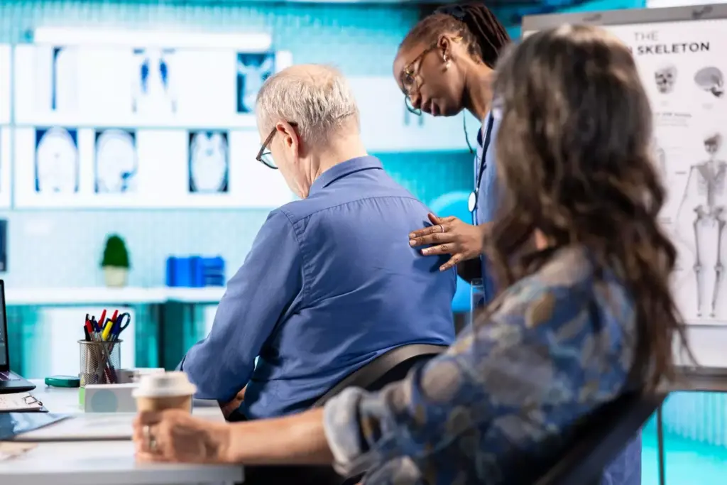 A well-lit medical examination room, with a doctor reviewing a patient's advanced NSCLC (non-small cell lung cancer) diagnosis on a high-resolution diagnostic display. The patient, a middle-aged adult, sits attentively, their expression a mix of concern and determination. The doctor gestures to the screen, explaining the tumor's stage and location, using detailed medical imagery to illustrate the progression of the disease. The room's clean, sterile aesthetic conveys the seriousness of the situation, while the doctor's calm, empathetic demeanor provides a sense of reassurance. Soft, directional lighting highlights the diagnostic details, creating a sense of clinical focus and precision.