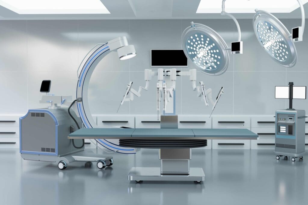 A bright, clinical operating room with sterile white walls and gleaming stainless steel equipment