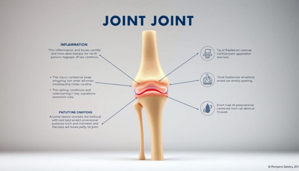 A detailed scientific diagram showcasing the primary causes of joint pain, including inflammation, injury, overuse, and underlying conditions. The foreground depicts a clear anatomical cross-section of a joint, highlighting the key structures involved - bones, cartilage, ligaments, and synovial fluid. The middle ground features informative icons and labels explaining the various causal factors, while the background maintains a clean, minimalist aesthetic with a cool, neutral color palette to convey an objective, educational tone. The lighting is soft and even, with a slight vignette to draw the viewer's focus to the central joint diagram. The overall composition strikes a balance between technical precision and visual clarity to effectively communicate the science behind joint pain.