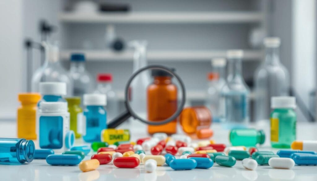 A neatly organized arrangement of pharmaceutical solutions for joint pain relief. In the foreground, various medication bottles, capsules, and tablets in shades of blue, green, and red are precisely displayed on a clean, white surface. The middle ground features a magnifying glass examining the medicinal details, while the background showcases a blurred, minimalist medical laboratory setting with scientific glassware and equipment. The lighting is soft and diffused, creating a sense of professionalism and credibility. The overall mood is one of clinical efficacy and attention to detail, suitable for illustrating the "Pharmaceutical Solutions" section of the joint pain relief article.