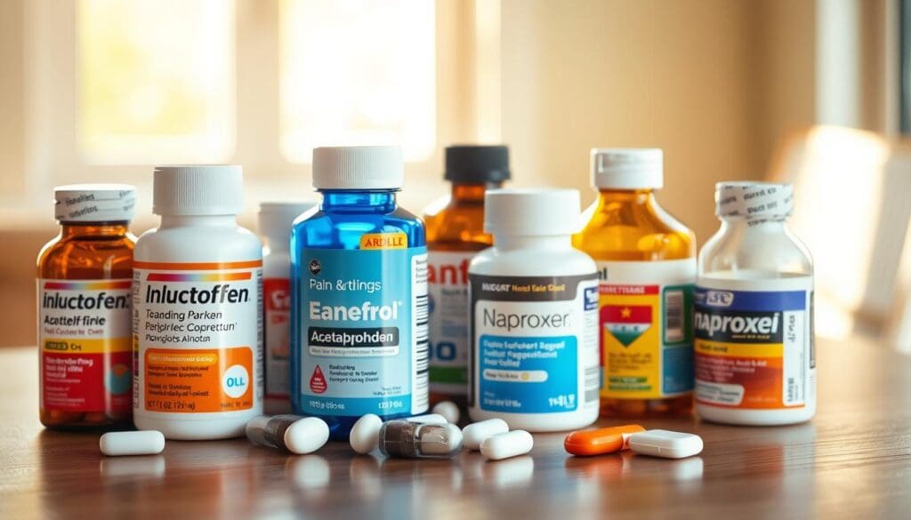 A collection of various over-the-counter (OTC) pain relief medications for arthritis, including bottles of ibuprofen, acetaminophen, and naproxen, arranged on a wooden table. The medications are illuminated by soft, natural lighting from a window, casting gentle shadows. The image has a warm, soothing tone, conveying the idea of effective, accessible relief for joint and muscle pain associated with arthritis. The focus is on the medications themselves, showcasing their diversity and accessibility as common household items for managing this condition.