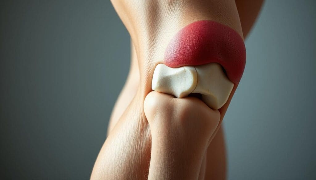 A close-up view of a human knee joint, showcasing the visible symptoms of arthritis. The knee appears swollen and inflamed, with prominent bone spurs and a decreased range of motion. The skin surrounding the joint is reddened, and there are clear signs of joint stiffness and pain. The lighting is soft and diffused, casting gentle shadows that accentuate the textural details of the affected area. The background is blurred, keeping the focus on the intricate anatomy of the arthritic knee. The overall mood is one of clinical examination, highlighting the need for understanding and addressing this common joint condition.