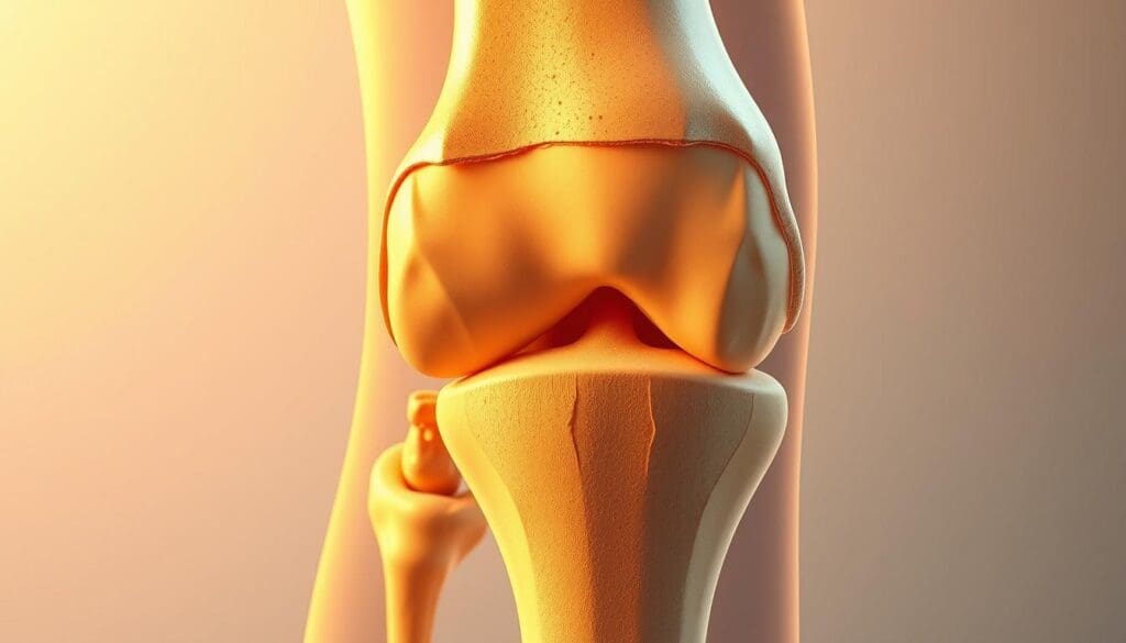 A detailed cross-section of the knee joint, showcasing the intricate anatomy and pathological changes associated with arthritis. The image should depict the cartilage degradation, bone spurs, and joint space narrowing characteristic of this condition. Render the scene with a clinical, yet visually engaging style, using warm lighting and a neutral color palette to emphasize the medical subject matter. Capture the joint from a slightly elevated angle, revealing the structures in clear detail, while maintaining a sense of depth and proportion. Convey the scientific nature of the topic, while also evoking a sense of understanding and educational value for the viewer.