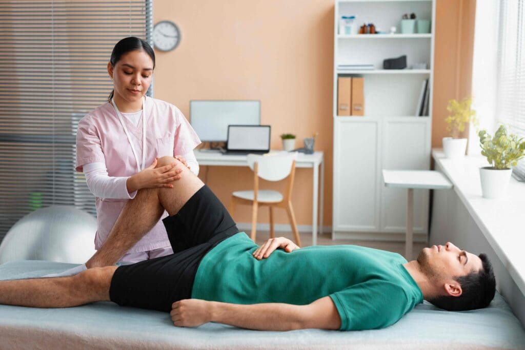 A holistic, natural medical practice setting with various treatment modalities for knee pain relief. A holistic, natural medical practice setting with various treatment modalities for knee pain relief.