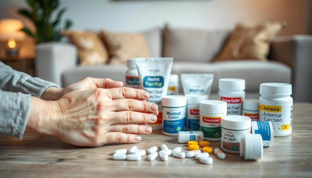 A serene and tranquil scene depicting the effective relief of arthritic pain. In the foreground, a person's hands are gently massaging their swollen, inflamed joints, the soothing motion bringing a sense of ease and comfort. The middle ground features an array of over-the-counter pain relief medications, including creams, ointments, and tablets, all neatly arranged. The background showcases a warm, cozy living room setting, with soft lighting and plush furnishings, creating an atmosphere of relaxation and healing. The overall composition conveys the powerful yet gentle nature of effective pain management for arthritis, offering a visual representation of the section's topic.