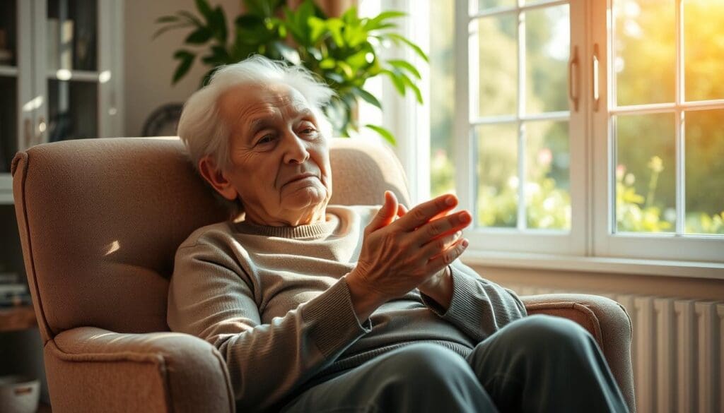 A serene, sun-dappled living room with a cozy armchair where an elderly person sits, gently massaging their swollen, painful hands. The lighting is soft and warm, casting a comforting glow. In the background, a window offers a view of a lush, verdant garden, symbolizing the tranquility and natural healing that can soothe arthritic discomfort. The person's expression conveys a sense of calm acceptance and the subtle determination to manage their condition. The overall atmosphere evokes empathy, resilience, and the daily challenges faced by those living with the chronic pain of arthritis.