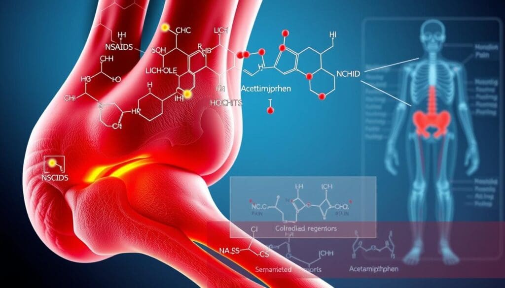 A vibrant, high-resolution illustration depicting the mechanisms of arthritis pain medications. In the foreground, a detailed cross-section of a joint affected by arthritis, with inflamed tissue and damaged cartilage. Overlaying this, a series of molecular structures and chemical pathways representing the active ingredients in common arthritis pain relievers, such as non-steroidal anti-inflammatory drugs (NSAIDs) and acetaminophen. The middle ground showcases the biological targets of these medications, including enzymes, receptors, and signaling molecules involved in the pain and inflammation response. In the background, a subtly blurred anatomical diagram of the musculoskeletal system, providing context. The overall composition conveys the scientific principles underlying the therapeutic effects of arthritis medications in a visually compelling and informative manner.