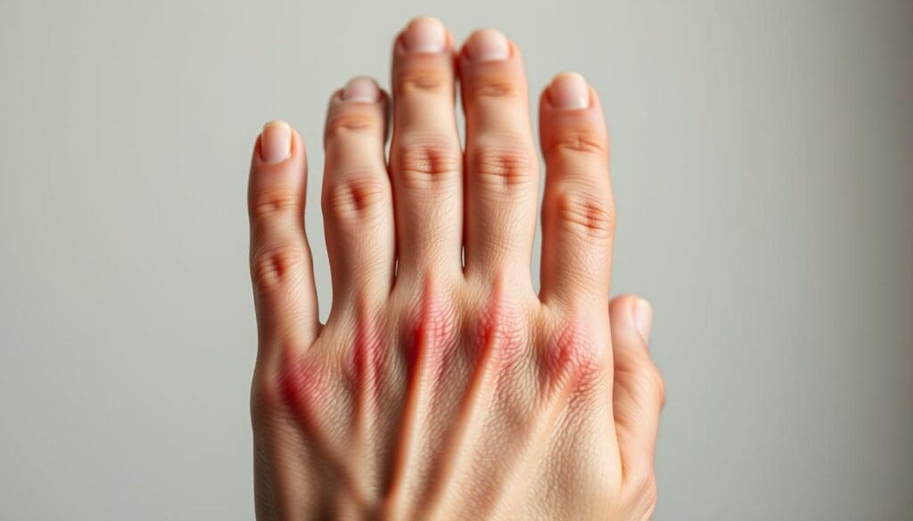A close-up view of a human hand, joints swollen and inflamed, showcasing the physical manifestation of arthritis pain. The skin appears reddish and tender, with visible knuckle deformation. The hand is set against a neutral, slightly blurred background to emphasize the focal point. Lighting is soft, with gentle shadows accentuating the contours, conveying a sense of discomfort and the daily struggle with this debilitating condition. The composition is intentionally intimate, inviting the viewer to empathize with the subject's experience of joint inflammation and the limited mobility it can cause.