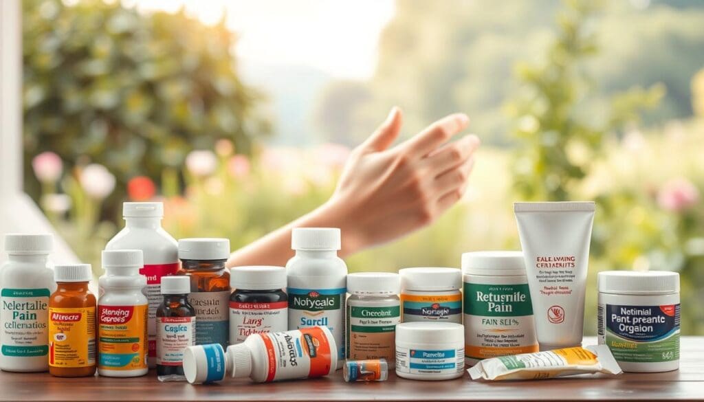 A well-lit, realistic scene depicting various over-the-counter arthritis pain relief options. In the foreground, an array of medication bottles, creams, and topical ointments are neatly arranged, showcasing a range of common treatments. In the middle ground, a person's hand is gently massaging a joint, highlighting the application of a pain-relieving product. The background features a soothing, natural environment, such as a serene garden or calming landscape, to convey a sense of relaxation and holistic wellness. The lighting is soft and diffused, creating a warm, inviting atmosphere. The overall composition emphasizes the accessibility and diversity of arthritis pain relief options available to the viewer. A well-lit, realistic scene depicting various over-the-counter arthritis pain relief options. In the foreground, an array of medication bottles, creams, and topical ointments are neatly arranged, showcasing a range of common treatments. In the middle ground, a person's hand is gently massaging a joint, highlighting the application of a pain-relieving product. The background features a soothing, natural environment, such as a serene garden or calming landscape, to convey a sense of relaxation and holistic wellness. The lighting is soft and diffused, creating a warm, inviting atmosphere. The overall composition emphasizes the accessibility and diversity of arthritis pain relief options available to the viewer.