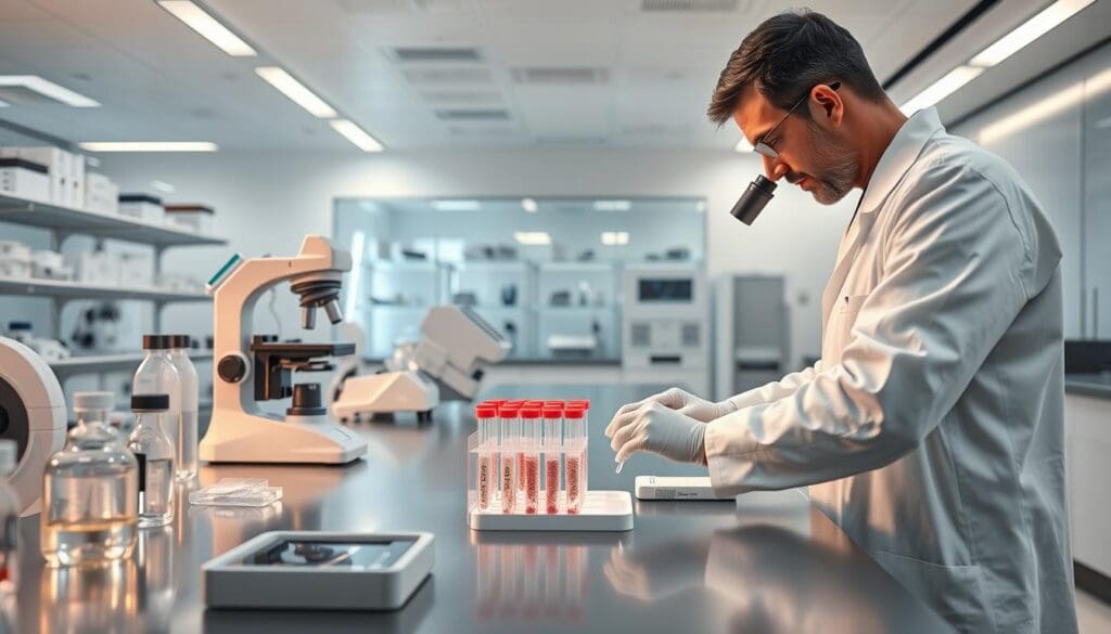 A high-resolution, photorealistic image of a laboratory setting with a researcher working on a regenerative medicine experiment. The foreground shows a scientist in a white lab coat carefully manipulating stem cells under a microscope. The middle ground features various lab equipment, test tubes, and instruments arranged neatly on a clean, stainless steel lab bench. The background showcases a modern, well-lit laboratory with sleek, minimalist design, giving an impression of advanced medical technology. The overall scene conveys a sense of scientific progress, innovation, and the evolution of regenerative medicine.