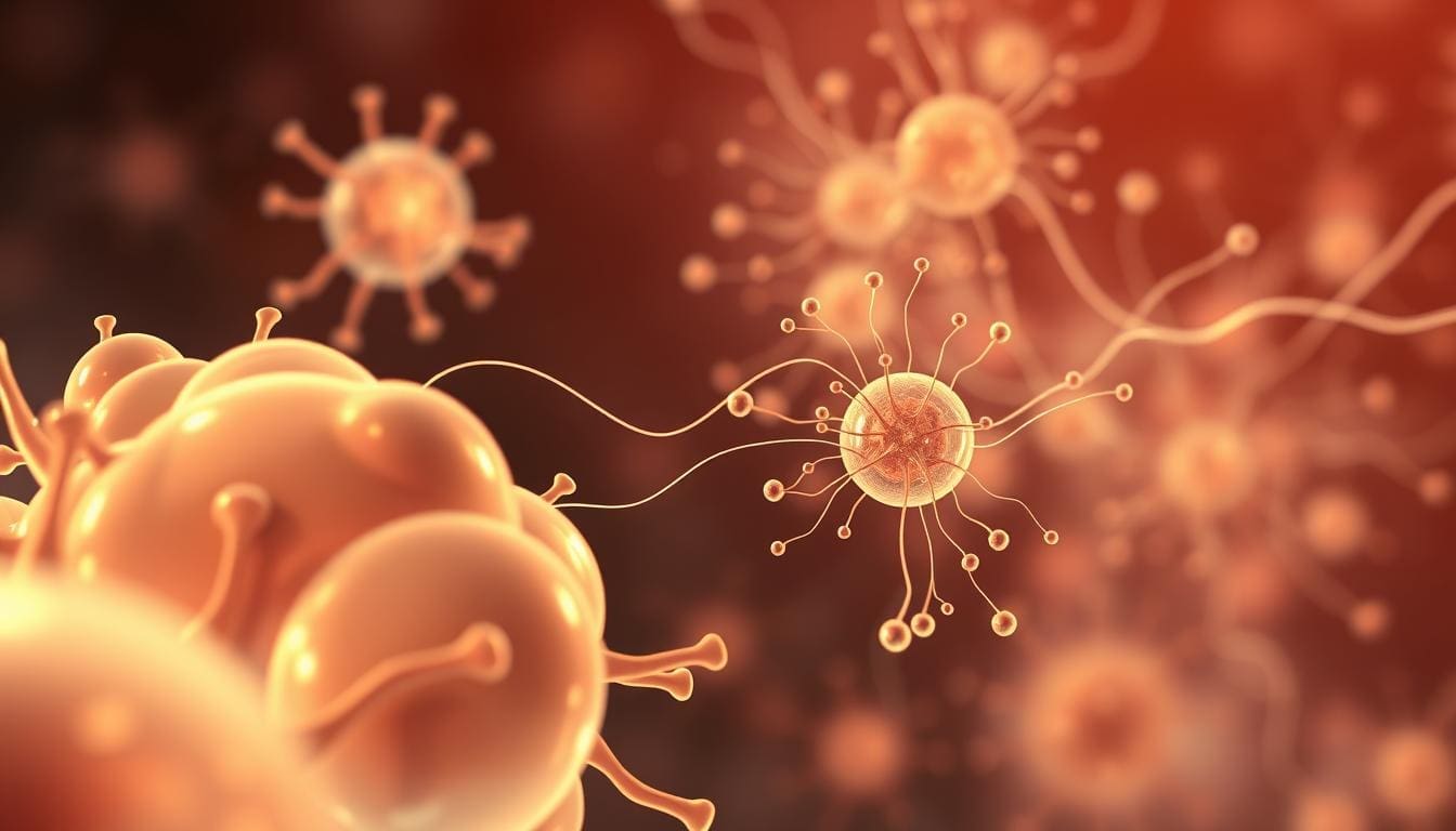 Detailed cellular illustration of stem cell differentiation process. In the foreground, a cluster of undifferentiated stem cells, their nuclei glowing with potential. In the middle ground, cells diverging into distinct lineages, morphing into specialized cell types. Wispy tendrils of genetic code connect the cells, guiding their transformation. In the background, a spectral network of molecular pathways, pulsing with the energy of cellular development. Warm, diffused lighting casts an ethereal glow, highlighting the dynamic, almost mystical nature of this fundamental biological process. Captured with a macro lens for maximum scientific detail and visual impact.