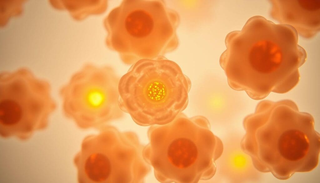 a close-up view of embryonic stem cells under a high-powered microscope, revealing their delicate, translucent structures and vibrant, glowing nuclei. The cells appear as clusters of small, irregularly shaped spheres, each containing a dense, luminous center. The image is captured in sharp focus, with a shallow depth of field that isolates the cells against a softly blurred, neutral background. The lighting is bright and diffuse, casting a subtle, even illumination that highlights the intricate details of the cells' membranes and internal components. The overall tone is one of scientific wonder and awe, reflecting the incredible potential of these "pluripotent marvels" to transform our understanding of human development and regenerative medicine.