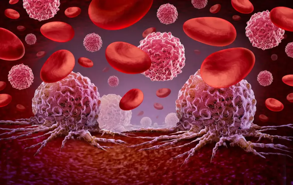 A detailed microscopic view of cancerous blood cells undergoing the effects of chemotherapy treatment. The foreground depicts a cluster of irregularly shaped, rapidly dividing leukemia cells, their nuclei glowing with an unnatural, sickly fluorescence. In the middle ground, the chemotherapeutic agent is shown as a swarm of nanoscale molecular structures, systematically disrupting the cellular division and inducing apoptosis. The background is blurred, hinting at the complex biological environment within the bloodstream. The lighting is stark and clinical, casting harsh shadows that emphasize the dramatic, almost surgical nature of the treatment. The overall tone conveys the potent, dual-edged nature of chemotherapy - its power to both destroy cancer cells and profoundly impact the body.