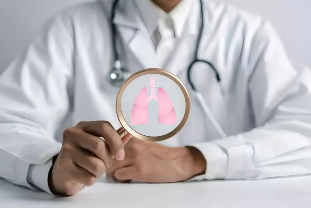 Doctor holding magnifier focus to lungs icon world tuberculosis day or world no tobacco day lung cancer care concept copd eco air pollution donation lung organ