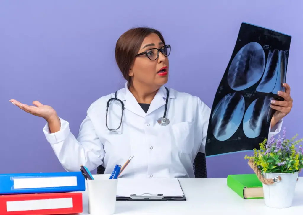 Middle age woman doctor in white coat with stethoscope wearing glasses holding x-ray looking at it confused with arm out sitting at the table over blue backgroun