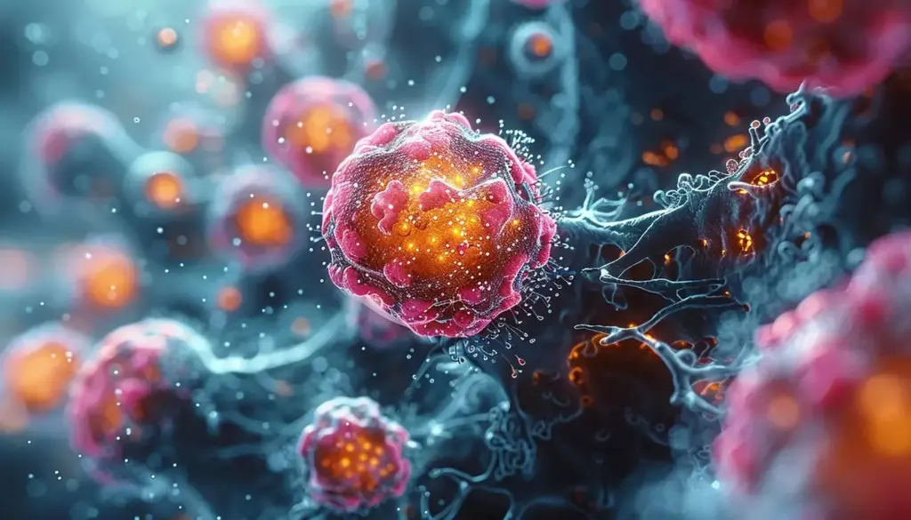 A detailed, scientific illustration of ovarian cancer cells and the effects of chemotherapy treatment. In the foreground, a close-up view of malignant ovarian cancer cells, their irregular shapes and rapid proliferation evident. In the middle ground, a network of blood vessels and lymphatic systems, disrupted by the tumor growth. In the background, stylized representations of common chemotherapy drugs - platinum compounds, taxanes, antimetabolites - visualized as complex molecular structures, their cytotoxic mechanisms surrounding the cancer cells. Muted color palette, with shades of purple, blue, and gray, conveying the serious, clinical nature of the subject matter. Subtle lighting from above casts dramatic shadows, emphasizing the three-dimensional forms. Overall, a visually compelling, medically accurate depiction of ovarian cancer and the role of chemotherapy in its treatment.