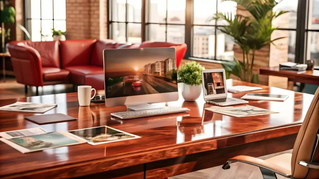 A warm, inviting office space with a clean, professional aesthetic. In the foreground, a wooden desk with an array of relevant resources including brochures, pamphlets, and a laptop displaying supportive information. On the wall behind the desk, a gallery of framed inspirational quotes and certifications related to addiction recovery. In the middle ground, comfortable seating arrangements and a coffee table with more treatment guides. The background features a large window overlooking a serene natural landscape, conveying a sense of hope and healing. The overall scene exudes an atmosphere of compassion, empowerment, and a holistic approach to drug and alcohol abuse treatment.